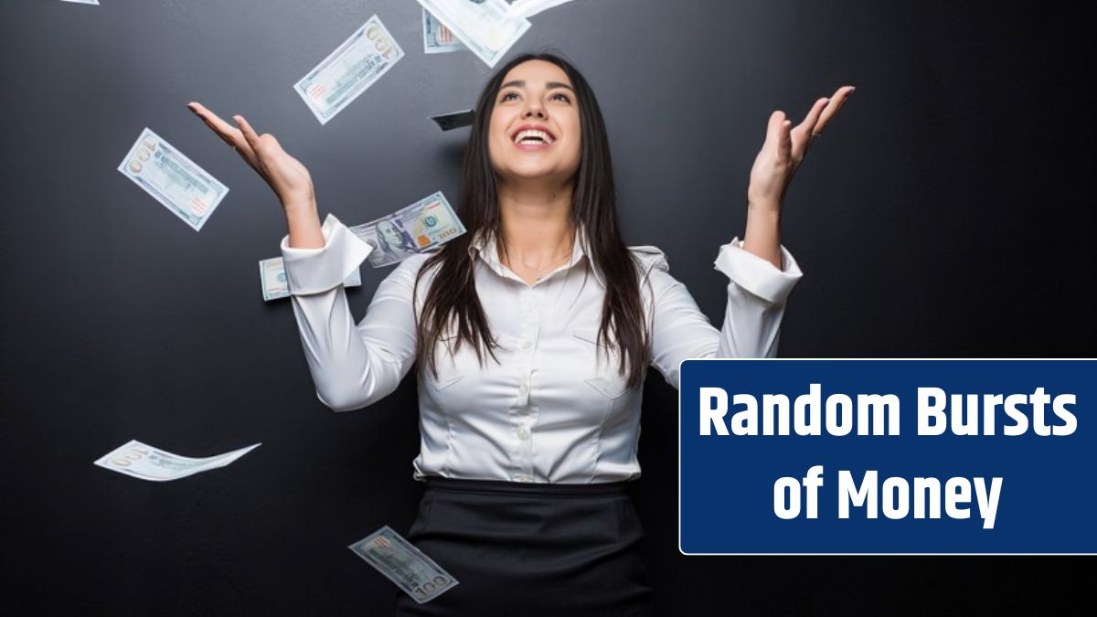 Happy business woman under a money rain made of dollars isolated on black wall.