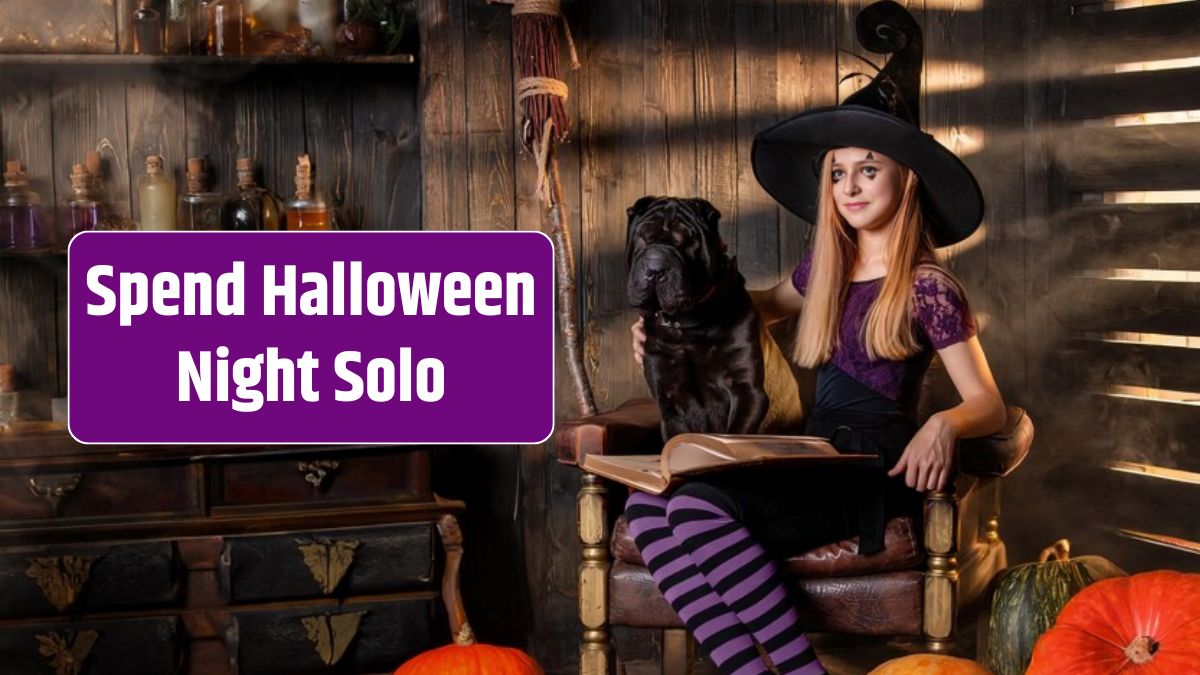 Teenage girl in a witch costume and a playful black Shar Pei dog are sitting next to a broom and pumpkins.