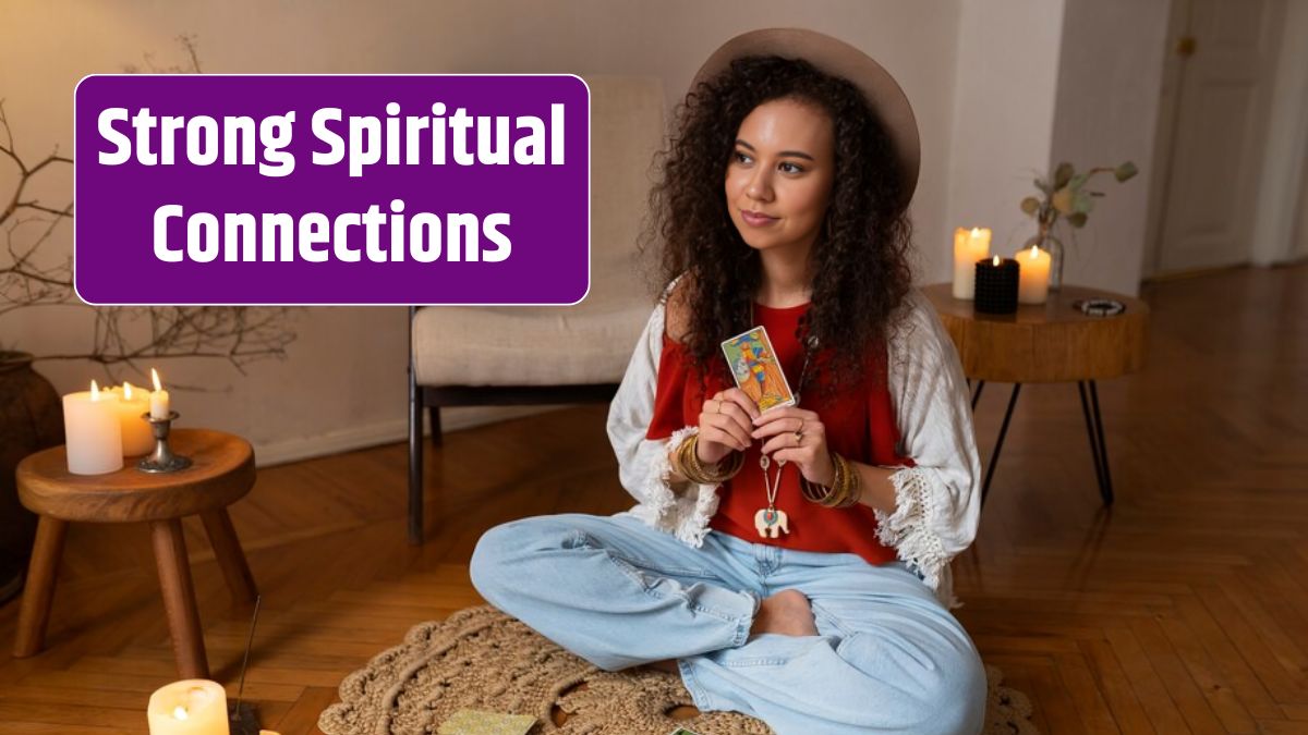 Full shot woman reading tarot at home.