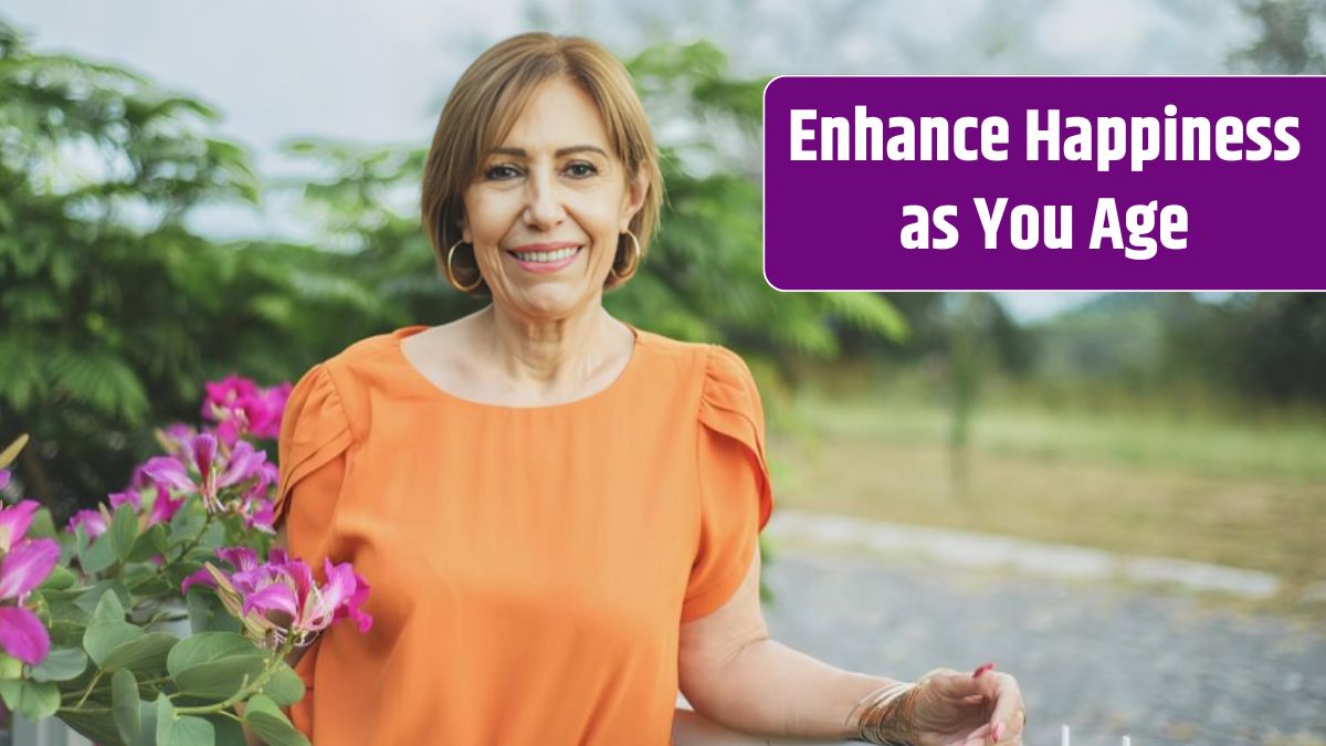 Outdoor portrait of middleaged woman smiling looking at the camera.