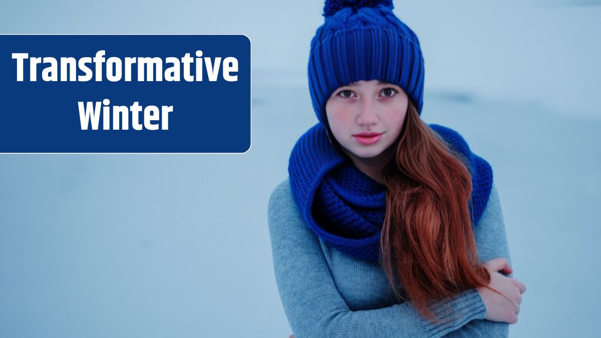 Portrait of young red hair girl with freckles wearing at blue knitted wool hat and scarf in winter day background ice.